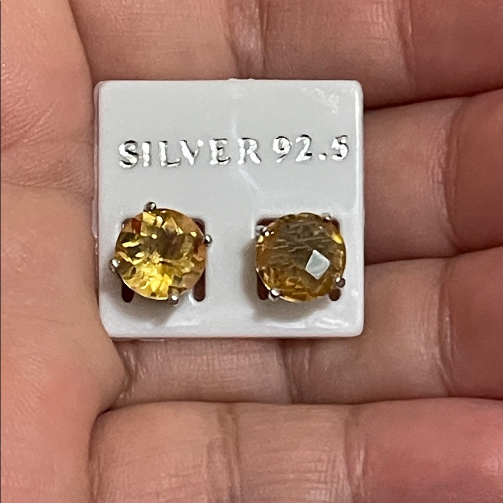 NWT Natural Citrine Gemstone 925 Silver Stud Earrings 7.7mm each stone